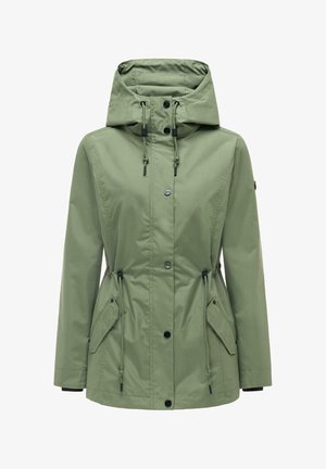 Giacca con cappuccio verde chiaro con coulisse, bottoni a scatto e tasche con patta, progettata per uso esterno.