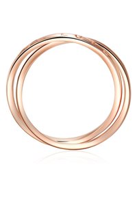 Rózsa arany gyűrűk sima, fényes felülettel. Három összefonódó sáv, enyhe csavarral kialakítva és finom gravírozott díszítésekkel.