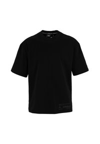 Black short-sleeve t-shirt made of soft fabric; features a round neck and minimalistic design with subtle branding on the lower front.