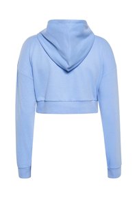 Felpa accorciata in tessuto azzurro chiaro, con cappuccio e maniche lunghe con polsini a coste. Texture liscia e design minimalista.