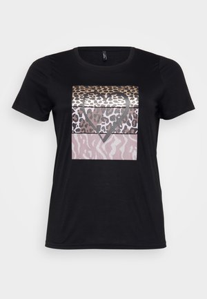 Black cotton t-shirt featuring a graphic design with leopard prints and a heart shape in shades of gold, brown, and pink. Short sleeves.