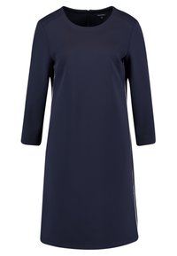 Abito blu navy realizzato in tessuto liscio, con scollatura rotonda, maniche a tre quarti e righe laterali per dettagli.