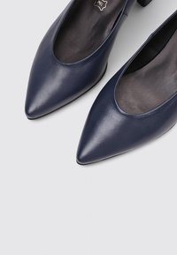 Chaussures à talons hauts en cuir bleu marine avec un bout pointu et une texture lisse, présentant un design simple et un petit talon.