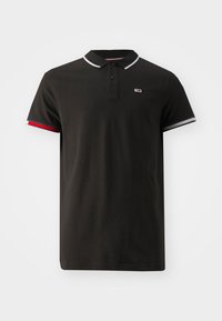 Czarna koszulka polo z placem na guziki, białym kołnierzykiem i wykończeniem rękawów, oraz kolorowymi akcentami na rękawach. Posiada logo na piersi.