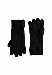 Schwarze Wollhandschuhe mit gerippten Bündchen, im Fünf-Finger-Design und mit weicher Textur, geeignet für den Einsatz bei kaltem Wetter.