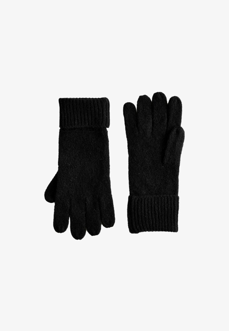 Schwarze Wollhandschuhe mit gerippten Bündchen, im Fünf-Finger-Design und mit weicher Textur, geeignet für den Einsatz bei kaltem Wetter.