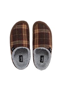 Zapatillas de casa marrón a cuadros con forro gris de felpa. Cuentan con un exterior de lana suave y etiqueta de marca negra. Diseño de punta redondeada para mayor comodidad.