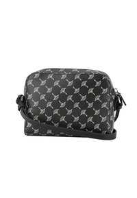 Borsa a tracolla nera in pelle con motivo bianco, chiusura con zip, tracolla regolabile, forma rettangolare e superficie testurizzata.