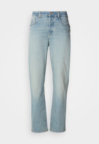 Ανοιχτό μπλε τζιν παντελόνι με σχέδιο ίσιας γραμμής, πέντε τσέπες και διακριτική φθορά. Κατασκευασμένο με κλασικό κλείσιμο με κουμπί και φερμουάρ.