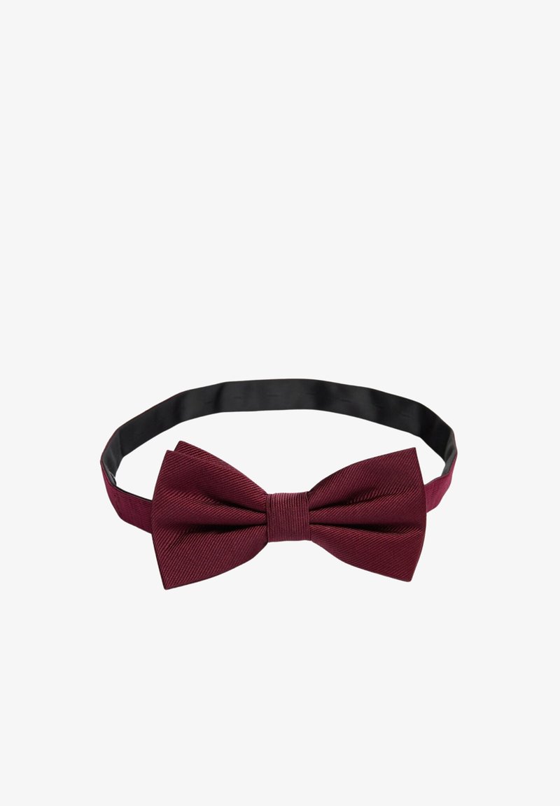 Bordeaux vlinderdas met een klassieke vorm. Gemaakt van ribbelstof, het heeft een gladde zwarte band voor een verstelbare pasvorm en een veilige sluiting.