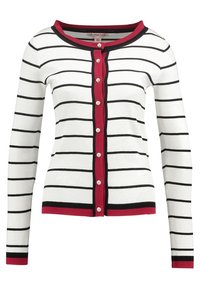 Vit cardigan med svarta ränder, röd knapprad och ribbade ärmslut. Har rund halsringning och genomskinliga knapprar.