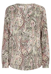 Langærmet bluse i let stof med et paisley-mønster i grønne, pink og sorte nuancer. V-halsdesign med knapdetalje.