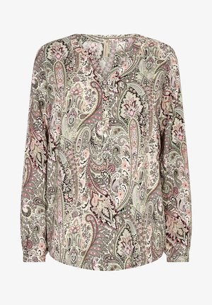 Blouse à manches longues en tissu léger avec un motif cachemire aux accents verts, roses et noirs. Design en V avec des détails en boutons.