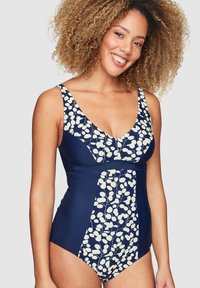 Marinblå baddräkt i ett stycke med ett blommigt vitt mönster, ärmlös design och djup V-ringning, med en figurnära midja.
