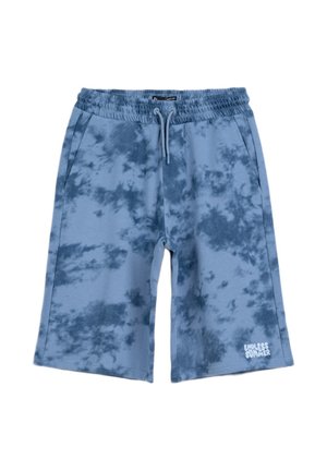 Niebieskie, casualowe szorty tie-dye z elastycznym pasem, sznurkiem, bocznymi kieszeniami oraz napisem „Endless Summer” na dolnej lewej nogawce.