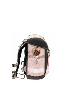 Rosa und schwarze Rucksack mit Pferdegrafik, floralem Muster, mehreren Fächern, Netzgewebe, verstellbaren Trägern und reflektierendem Streifen.