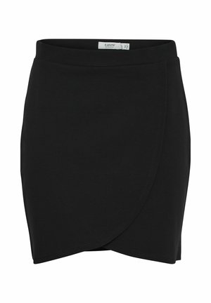 Black wrap skirt made of soft fabric with a smooth texture. Features a fitted waistband and an asymmetrical hem. No visible hardware.