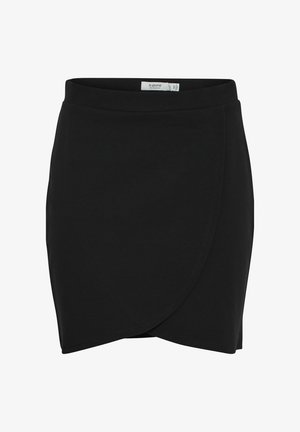 Black wrap skirt made of soft fabric with a smooth texture. Features a fitted waistband and an asymmetrical hem. No visible hardware.