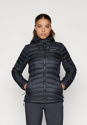 Juodas pūkinis džemperis su kapišonu, siūtas dizainas, priekinis užtrauktukas ir Columbia logotipas ant krūtinės. Savybėmis apnižti virvutės ties apatine dalimi.