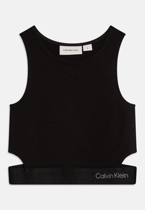 Top corto nero realizzato in morbido jersey di cotone. Presenta un collo rotondo e ritagli laterali. Include una fascia in satin con dettagli del logo.