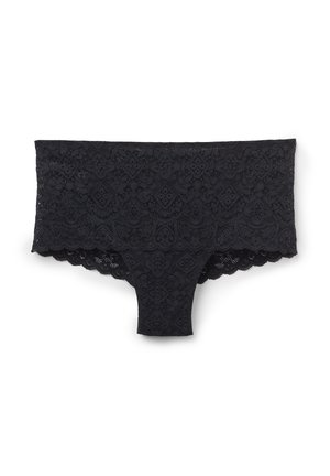 Černé krajkové dámské kalhotky ve stylu hipster s květinovými a geometrickými vzory a vroubkovanými okraji.
