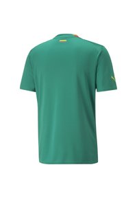 Zelené sportovní tričko vyrobené z prodyšné látky. Má krátké rukávy, kulatý výstřih a žlutý výrazný logotyp na rukávu.