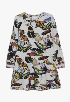 Sukienka z długim rękawem z nadrukiem motyli na białym tle, z ściągaczem przy dekolcie i mankietami w ciemnofioletowe i białe paski.