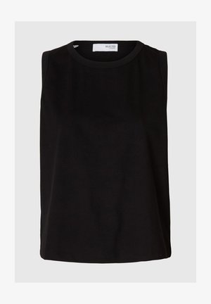 Top negru fără mâneci, cu decolteu rotund. Confecționat dintr-un material moale, având o croială lejeră și un design curat, simplu. Fără imprimeuri.