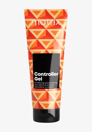 Orangene und rote geometrisch gemusterte Tube mit Matrix Controller Gel zum Definieren und Formen, 200 ml, mit schwarzem Klappdeckel.