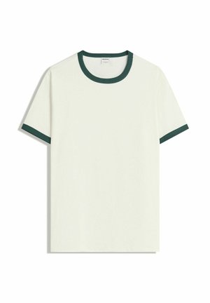 Short-sleeve T-shirt in off-white cotton with dark green ribbed collar and cuffs. Classic fit with a smooth texture. No patterns or graphics.