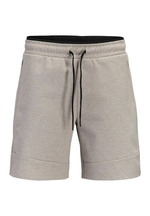 Hellgraue legere Shorts mit elastischem Bund und schwarzer Kordel, Vordertaschen und gestepptem Saum.