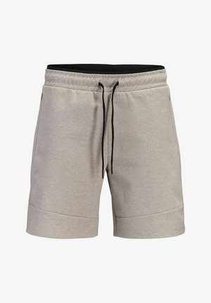 Hellgraue legere Shorts mit elastischem Bund und schwarzer Kordel, Vordertaschen und gestepptem Saum.