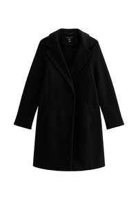 Manteau en laine noir avec un col cranté, des manches longues et des poches latérales. Texture lisse, design jusqu'aux genoux, accents minimalistes.