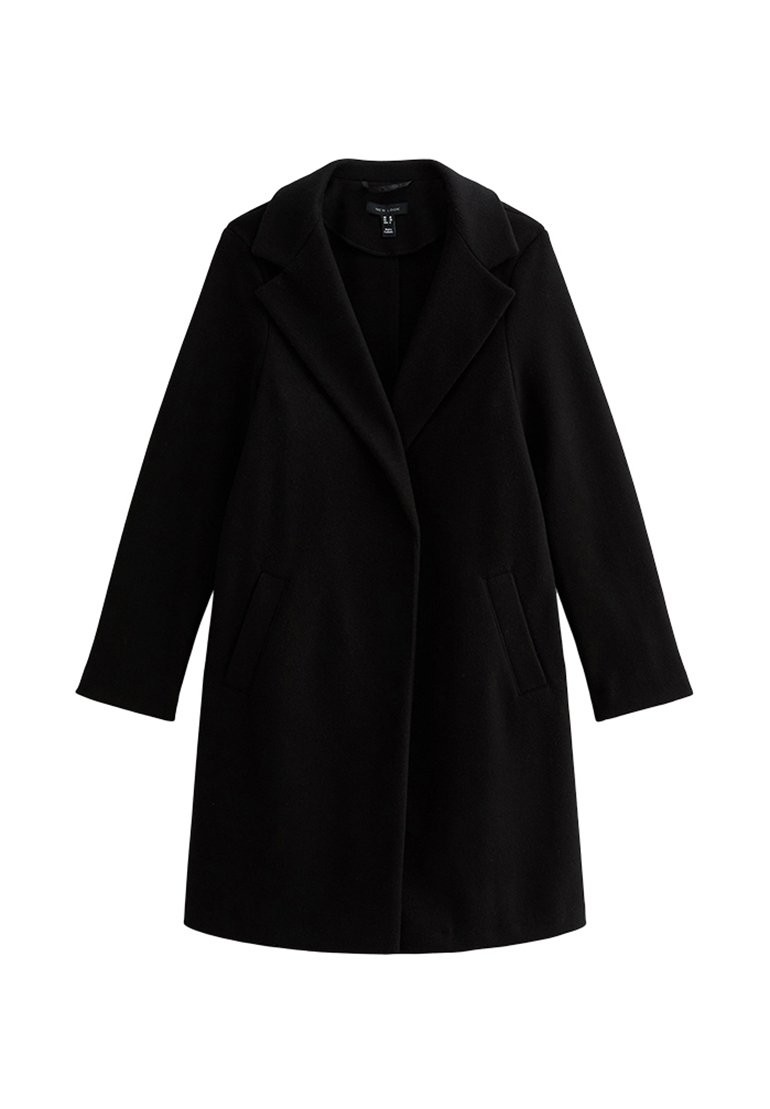 Manteau en laine noir avec un col cranté, des manches longues et des poches latérales. Texture lisse, design jusqu'aux genoux, accents minimalistes.