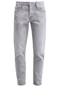 Ljust grå jeans i slim fit, med slitna detaljer, fem-fickorsdesign och kontrasterande sömmar.