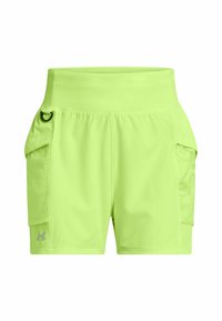 Bermudas deportivas de color verde lima hechas de tela ligera, con una cinturilla alta, bolsillos tipo cargo y un logo en la parte inferior izquierda.