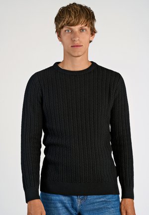 Zwarte gebreide trui met een gestructureerd ribpatroon, ronde hals en lange mouwen, gecombineerd met een blauwe jeans.