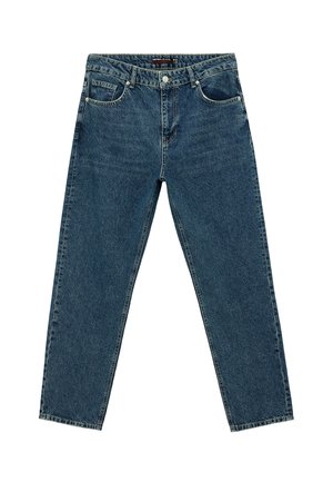 Blå denimjeans med lige ben, fem lommer og knaplukning. Har subtile falmninger og kontrastsyning.