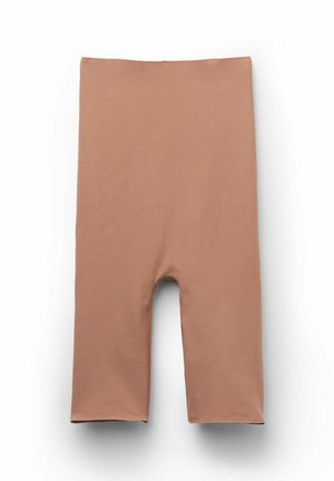 Bronsfärgade stretchbyxor med elastiskt midjeband, med knälång längd och en jämn, matt yta.
