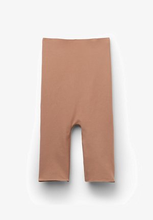 Bronzefarbene Stretch-Shorts mit einem elastischen Bund, die knielang geschnitten sind und eine glatte, matte Textur aufweisen.