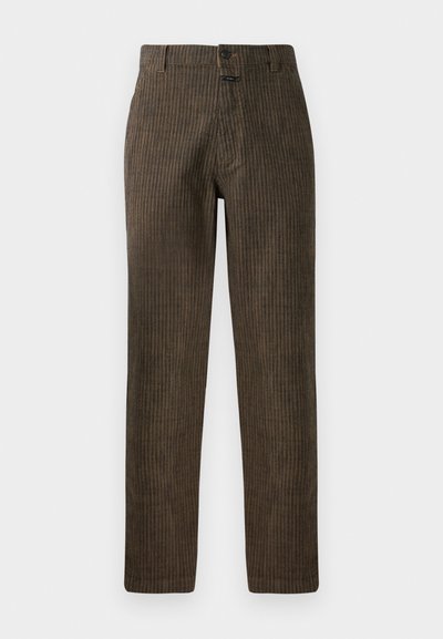 Brown corduroy pants featuring vertical stripes, a straight cut, and a front button closure. Smooth texture with a classic design.