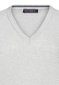 Hele hall gray v-kaelusega kampsun, millel on struktuurne meshtarvik, soonikkoes kaelus ja silt, millel on "Felix Hardy" vastupidises värvis.