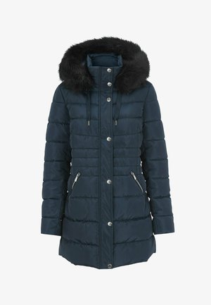 Langer, dunkelblauer, gesteppter Wintermantel mit silbernen Druckknöpfen, seitlichen Reißverschlusstaschen und einer Kapuze, die mit schwarzem Kunstfell besetzt ist.