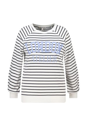 Sweat-shirt blanc à rayures bleu marine, avec l'inscription "LONDON ATELIER" en bleu clair sur la poitrine. Col rond et manches longues. Tissu doux.