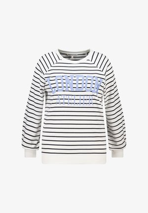 Sweat-shirt blanc à rayures bleu marine, avec l'inscription "LONDON ATELIER" en bleu clair sur la poitrine. Col rond et manches longues. Tissu doux.