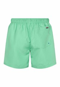 Mint zelena kopalna kratka hlače z elastičnim pasom, z zadnjim žepom in majhnim logotipom s rdečimi, belimi in modrimi akcenti.
