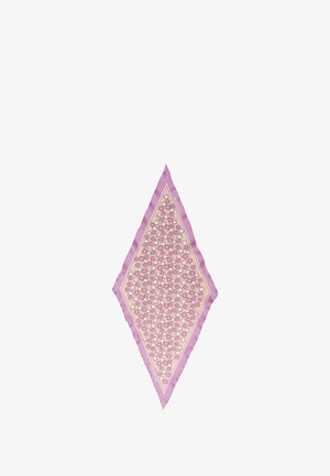Foulard en soie de forme losange, bordure rose clair avec un motif floral composé de cercles et de fleurs aux couleurs pastel.