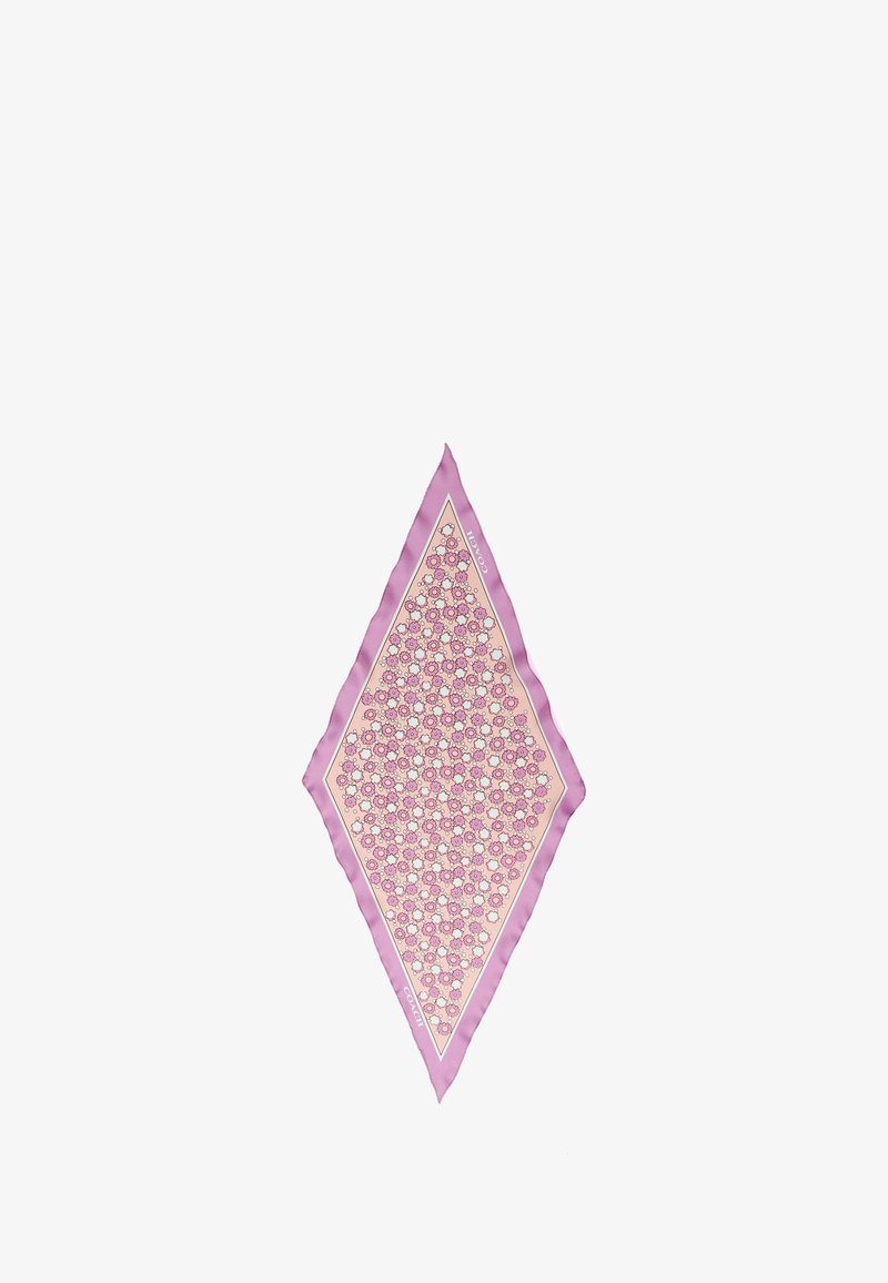Foulard en soie de forme losange, bordure rose clair avec un motif floral composé de cercles et de fleurs aux couleurs pastel.