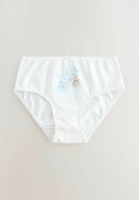 Białe bawełniane majtki z haftowanymi myszkami w pastelowych kolorach, z dekoracyjną kokardką w talii i koronkowym wykończeniem brzegów.