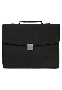 Borsa a tracolla nera in nylon con design piatto, chiusura metallica e particolari in pelle. Presenta una robusta maniglia superiore e bordi rinforzati.